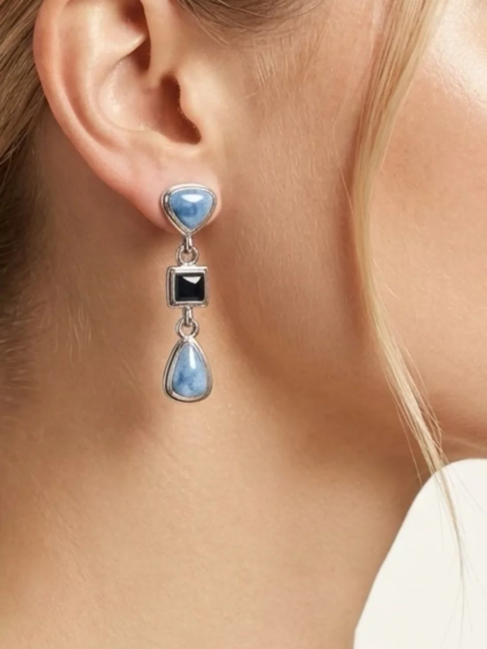 Delicate Blue and Gray Silver Tone Pierced Dangle Earrings